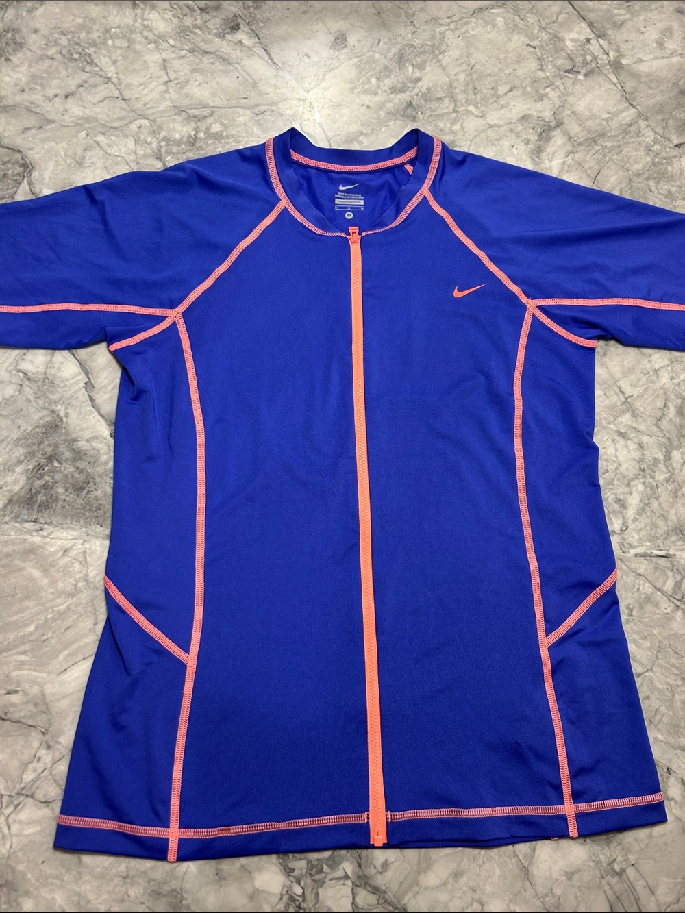 Nike Men’s Royal Blue Zip-Front Swim Rash Guard with Coral Piping, Sz M